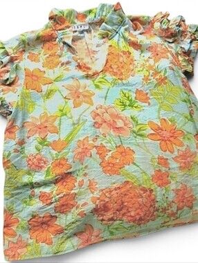 THML Short Ruffled Sleeved Blouse Lt Blue/ Orange Floral Medium Rayon EUC